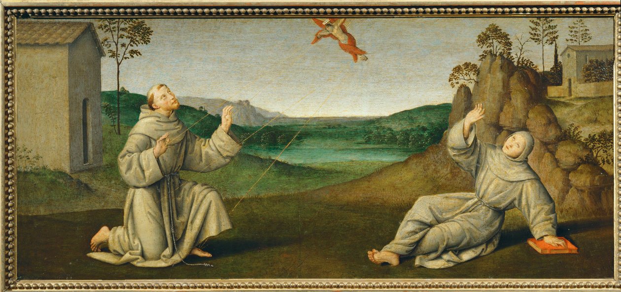 Pyhä Franciscus Assisilainen saa stigmat ... tekijältä Giovanni di Pietro (c.1450 1529) (studio of)