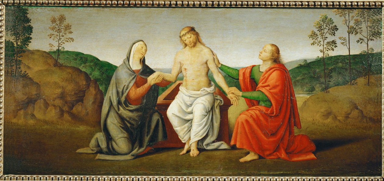 Neitsyt Marian ja apostoli Johanneksen tukema kuollut Kristus ... tekijältä Giovanni di Pietro (c.1450 1529) (studio of)