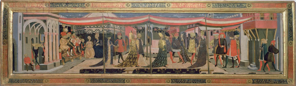 Adimari Cassonen etuosa, joka kuvaa hääkohtausta kastekappelin edessä, n. 1450 (tempera paneelissa) (katso myös 62295, 123484-6) tekijältä Giovanni di Ser Giovanni