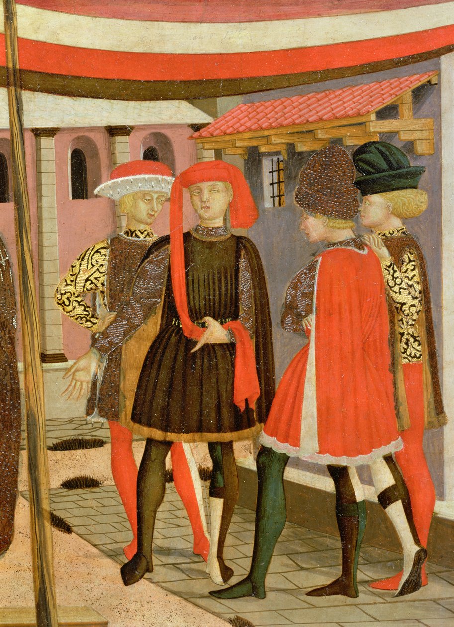 Etukuva Adimari Cassonesta, yksityiskohta neljästä miehestä, n.1450 tempera panelilla 80304 tekijältä Giovanni di Ser Giovanni