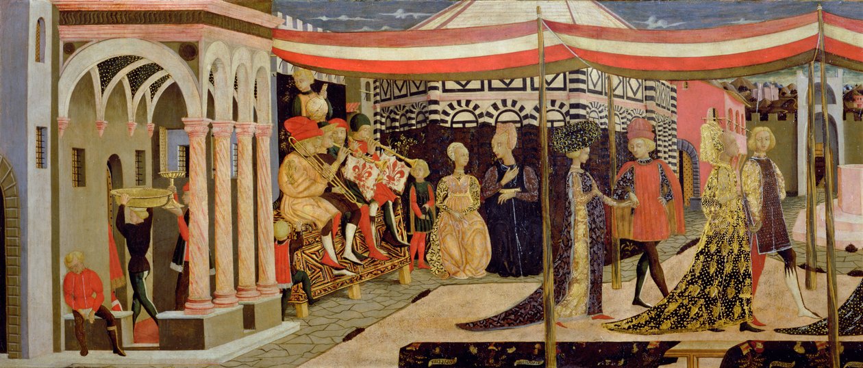 Adimari Cassonen etukuva, vasemmanpuoleisen osan yksityiskohta, n.1450, tempera paneelille, yksityiskohta 80304:stä. tekijältä Giovanni di Ser Giovanni