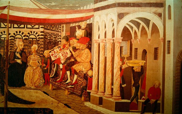 Adimari Cassonen etuosa, joka kuvaa hääkohtausta kastekappelin edessä, n. 1450 tekijältä Giovanni di Ser Giovanni Scheggia