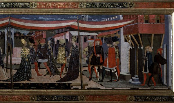 Adimari Cassonen etuosa, yksityiskohta oikeanpuoleisesta osasta, n.1450 (tempera paneelissa) (80304:n yksityiskohta) tekijältä Giovanni di Ser Giovanni Scheggia