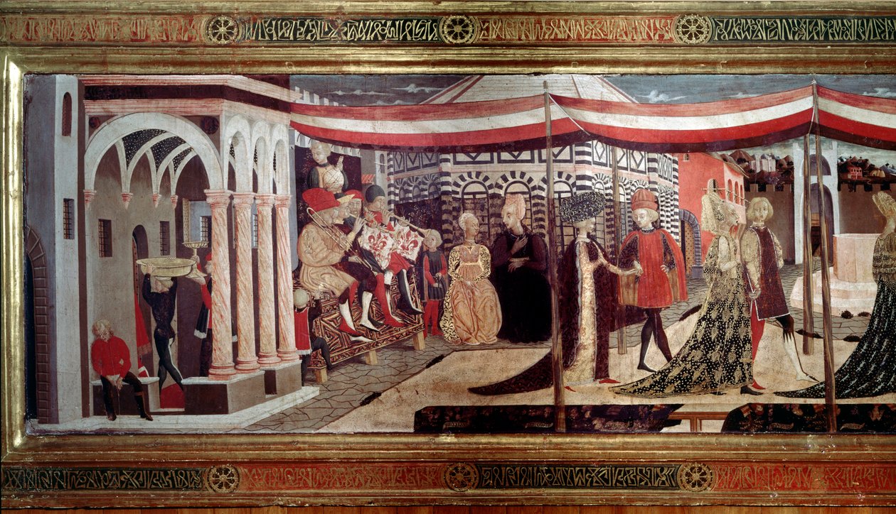 Renaissance-hääseremonia Yksityiskohta paneelin vasemmasta osasta, joka koristaa Cassone Adimaria. Hääkohtaus Piazza del Duomolla (Plaza de la Cathedrale Santa Maria del Fiore). Muusikot istuvat lavalla soittaen trumpettia, pasuunaa ja lyömäsoittimia tekijältä Giovanni di Ser Giovanni Scheggia