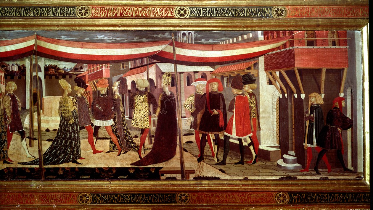Renaissance-hääseremonia Yksityiskohta paneelin vasemmasta osasta, joka koristaa Cassone Adimaria. Hääkohtaus Piazza del Duomolla (Plaza de la Cathedrale Santa Maria del Fiore). Kortegessa olevat parit etenevät katoksen alla. Maalaus Giovanni di Ser G tekijältä Giovanni di Ser Giovanni Scheggia