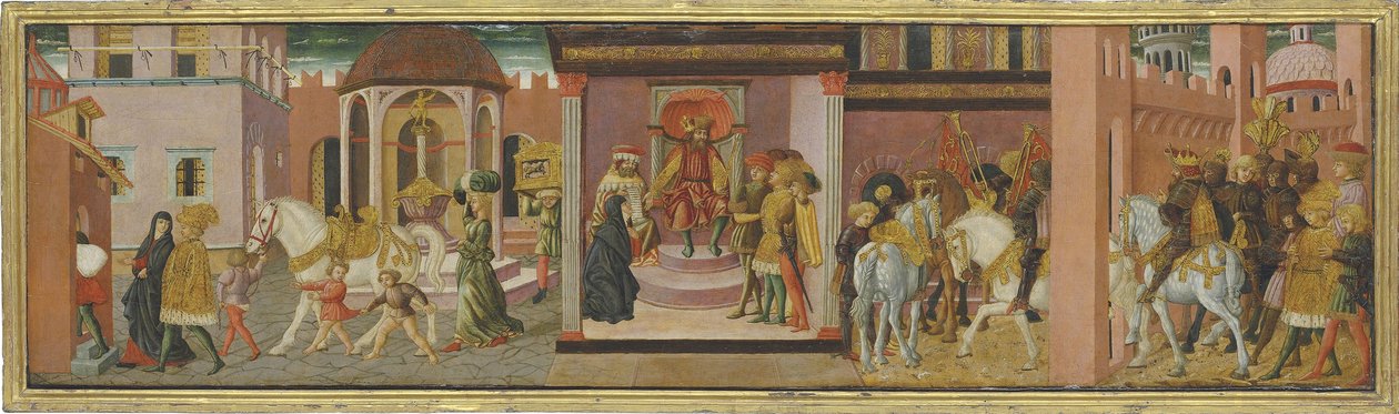 Traianuksen ja lesken tarina, paneeli cassonesta, n. 1450 tekijältä Giovanni di Ser Giovanni Scheggia