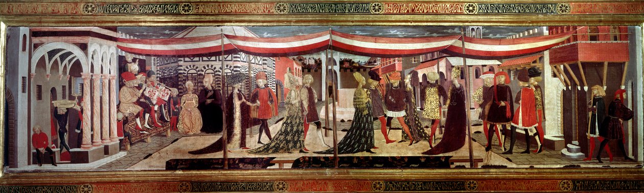 Hääseremoniassa renessanssipaneeli koristaa Cassone Adimaria. Hääkohtaus Katedraaliaukiolla (Plaza de la Cathedrale Santa Maria del Fiore). Kortegessa olevat parit etenevät katoksen alla. Ser Giovanni Scheggian Giovannin maalaus (1406- tekijältä Giovanni di Ser Giovanni Scheggia