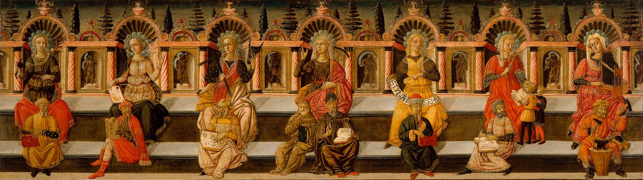 ""seitsemän vapaata taidetta"" (aritmetiikka, geometria, musiikki, astrologia, logiikka, retoriikka ja kielioppi) - Seitsemän vapaata taidetta - Giovanni di Ser Giovannin maalaus tekijältä Giovanni di Ser Giovanni Scheggia