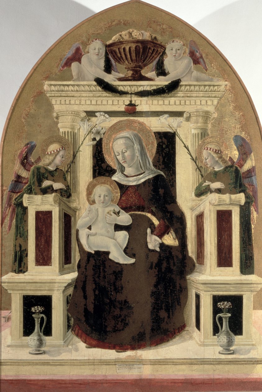 Madonna ja lapsi valtaistui enkelien kanssa (tempera paneelissa) tekijältä Girolamo Giovanni