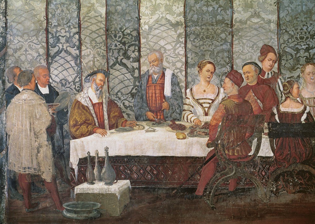 Bartolomeo Colleonin järjestämä juhlatilaisuus Tanskan kuninkaalle Christian I:lle, 1520-30 (yksityiskohta) tekijältä Girolamo Romanino