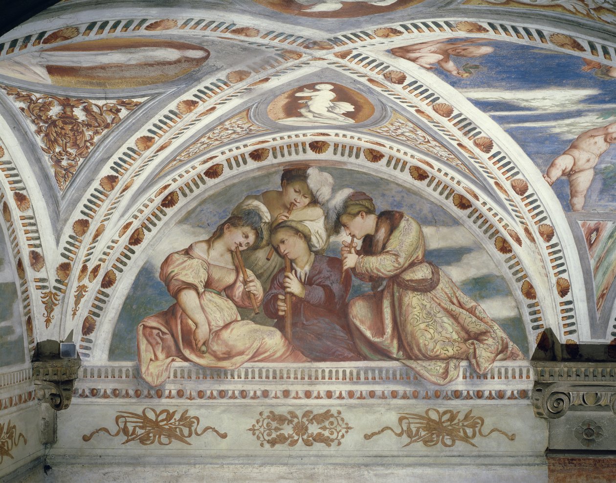 Kehys, joka kuvaa nokkahuilunsoittimien konserttikvartettia, 1532 tekijältä Girolamo Romanino