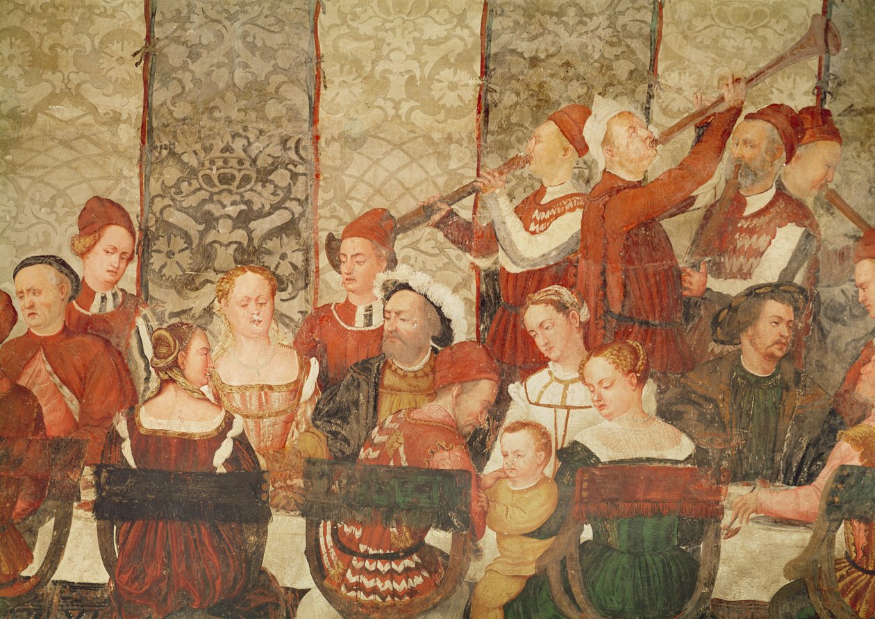 Vieraat Bartolomeo Colleonin Tanskan kuninkaalle Christian I:lle järjestämässä juhlatilaisuudessa Malpagan linnassa vuonna 1474, 1520-30 (yksityiskohta) tekijältä Girolamo Romanino