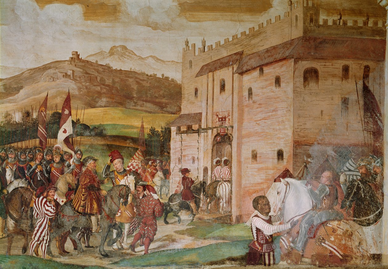 Tanskan kuninkaan Christian I:n vastaanotto condottiere Bartolomeo Colleonin toimesta Malpagan linnassa 1474, 1520-30 tekijältä Girolamo Romanino