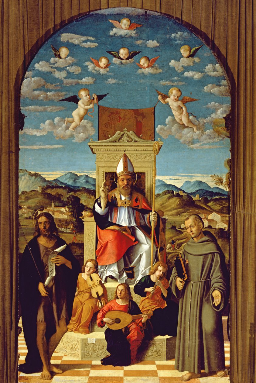 St. Thomas a Becket (1118-70) valtaistui SS:n kanssa. Franciscus ja Johannes Kastaja 1520 tekijältä Girolamo Da Santa Croce