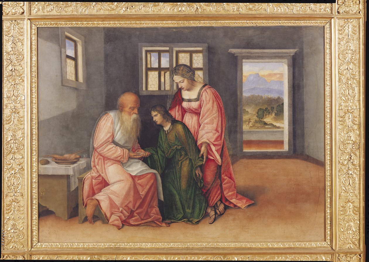 Isaac Blessing Jacob, n. 1520 (öljy kankaalle siirretty paneelista) tekijältä Girolamo da Treviso II