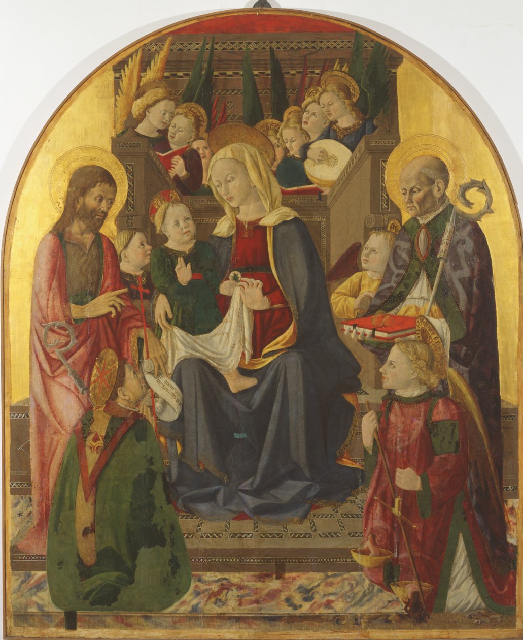 Madonna ja lapsi valtaistui enkelien ja pyhien kanssa, noin 1440-luku (tempera paneelissa kullalla) tekijältä Girolamo di Giovanni di Camerino