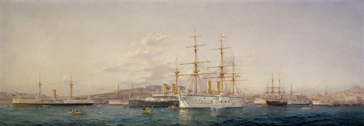 Maltalla oleva HMS Alexandra -alus ympäröi sen mukana kulkevia brittilaivaston aluksia. Öljy kankaalle tekijältä Girolamo Gianni