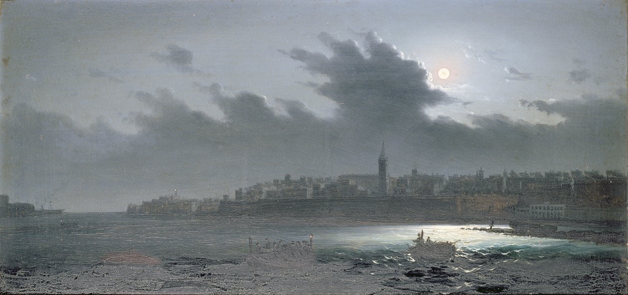 Näkymä Maltan satamasta yöllä, 1876 tekijältä Girolamo Gianni