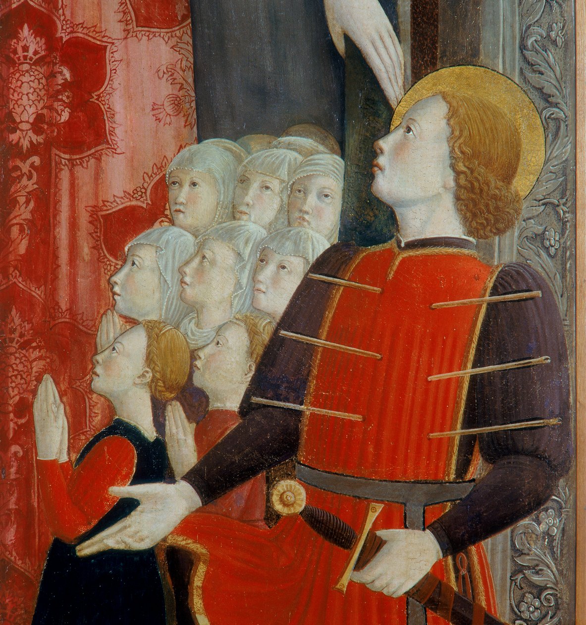 Yksityiskohta Pyhästä Sebastianuksesta, Madonna della Misericordia sekä Pyhä Venantius ja Pyhä Sebastianus, 1463. tekijältä Girolamo Giovanni