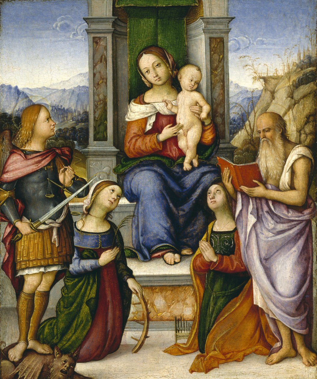 Neitsyt ja lapsi valtaistuimella pyhien Mikaelin, Aleksandrian Katariinan, Cecilian ja Hieronymuksen kanssa, n. 1512 tekijältä Girolamo Marchesi da Cotignola