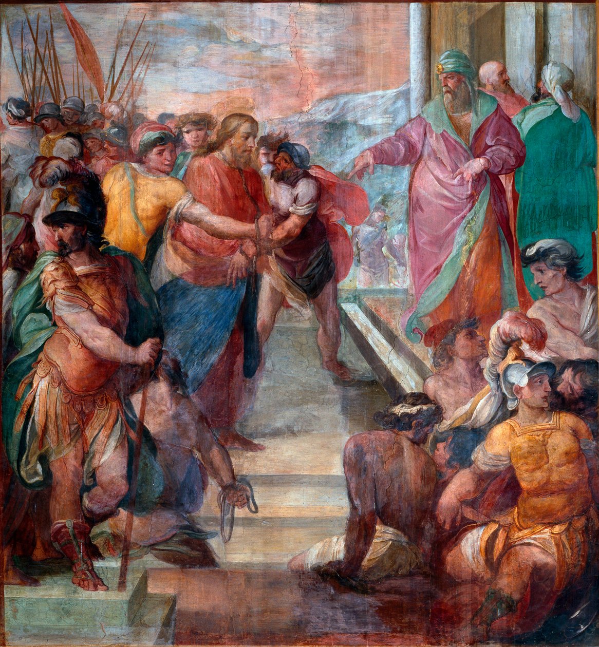 Kristus johdatetaan Kaifuksen eteen Yksityiskohta yhdestä Girolamo Massein (1540-1614) 1594-1600 Rooma, Santa Prassede tekemästä Kristuksen kärsimystä kuvaavasta freskosta tekijältä Girolamo Massel
