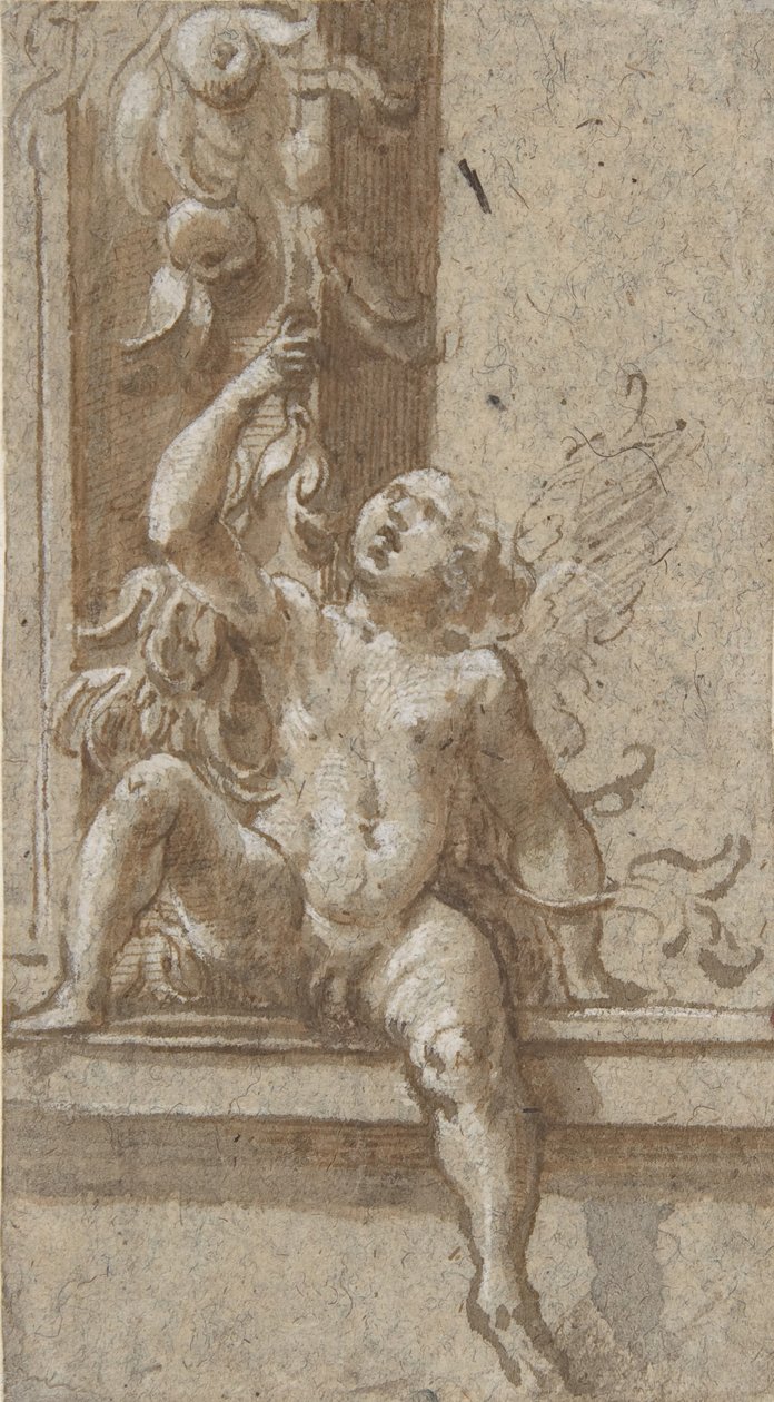 Rungon päällä istuva Putto, n. 1538-40. tekijältä Girolamo Mazzola Bedoli