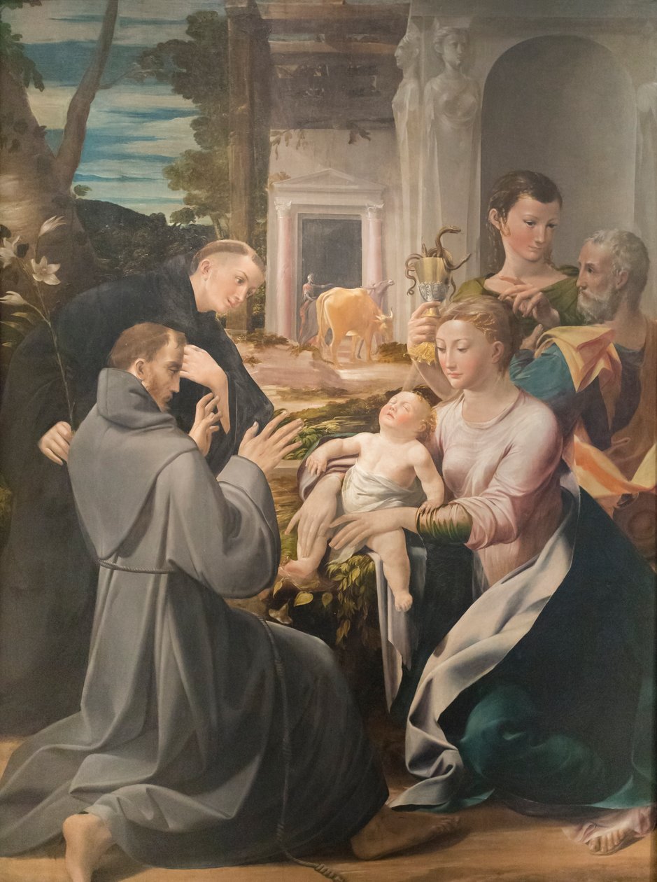 Pyhä perhe pyhän Anthony Padovalaisen, pyhän Franciscus Assisilaisen ja evankelista pyhän Johannes Girolamo Mazzola Bedolin kanssa tekijältä Girolamo Mazzola Bedoli
