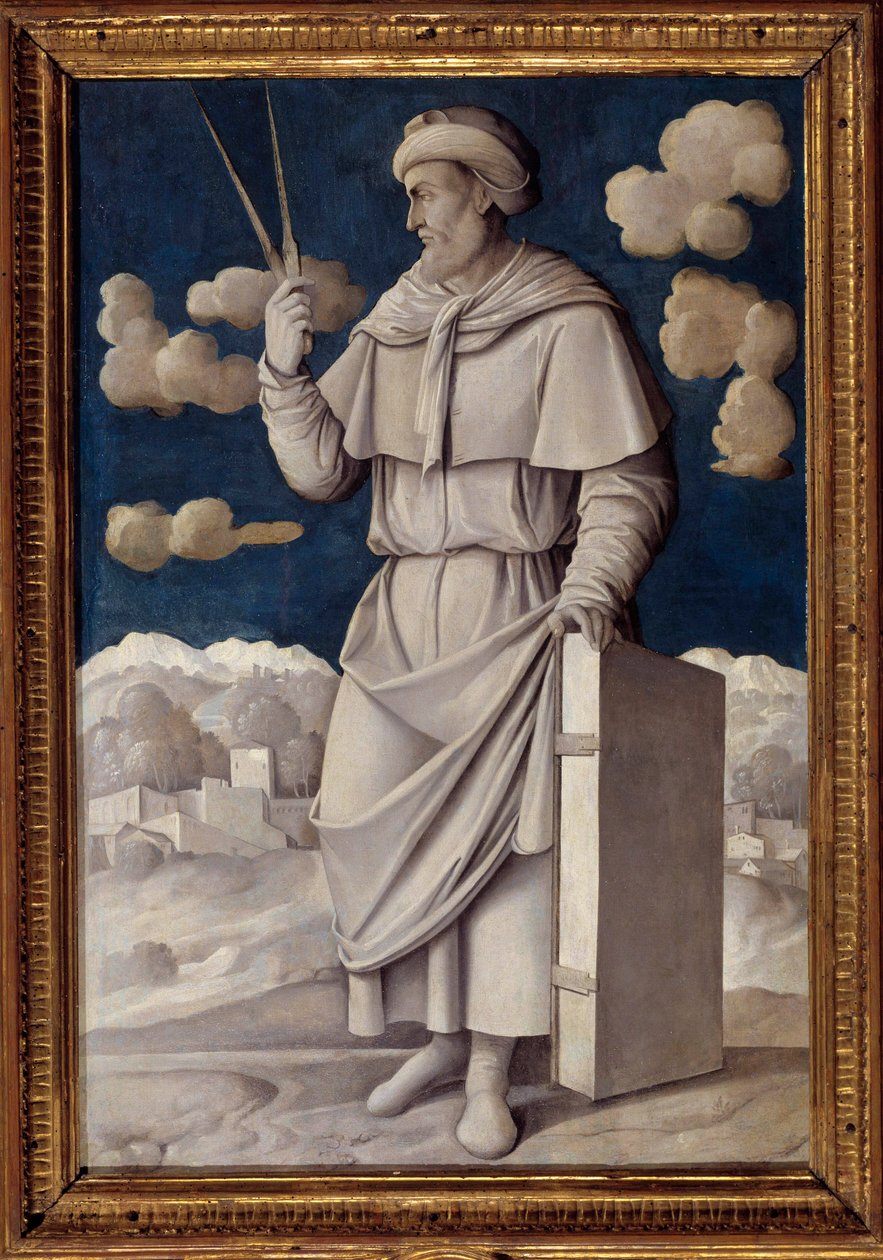 Muotokuva Eukleideen (325-265 eKr.) jalassa, kreikkalainen matemaatikko Girolamo Moceton (1458-1531) maalaus 1531 Pariisi. Musee Jacquemart Andre - Englannin matemaatikko Eukleides (325-265 eKr.) täyspitkä muotokuva. Girolamo Moceton (1458-1531) maalaus tekijältä Girolamo Mocetto