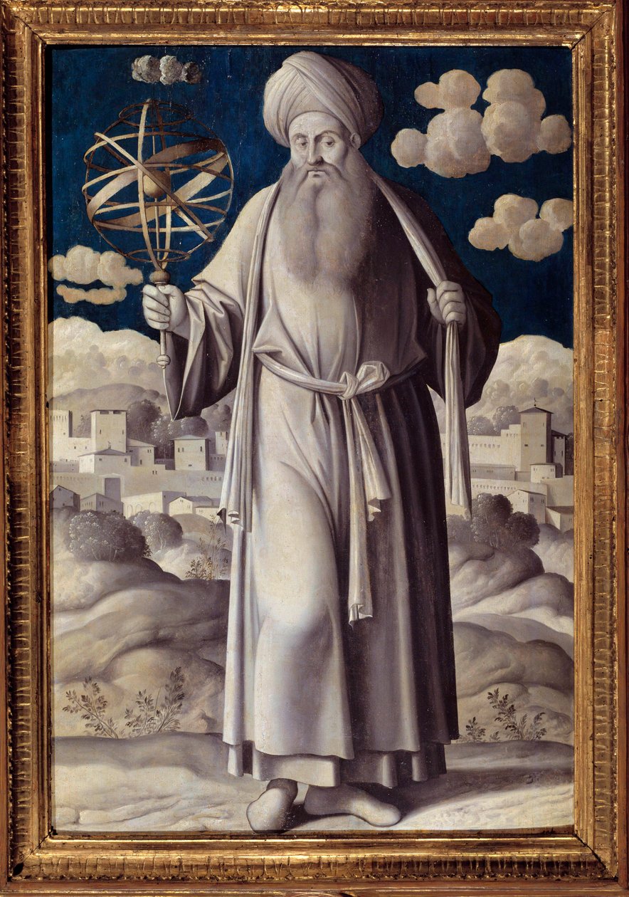 Muotokuva Ptolemeuksen (Claudius Ptolemaeus) (90-168 jKr.) jalassa, kreikkalainen tähtitieteilijä Girolamo Moceton (1458-1531) maalaus 1531 Pariisi. Musee Jacquemart Andre - Ptolemaios (Claudius Ptolemaeus) (90-168 jKr.) täyspitkä muotokuva. kreikkalainen  tekijältä Girolamo Mocetto