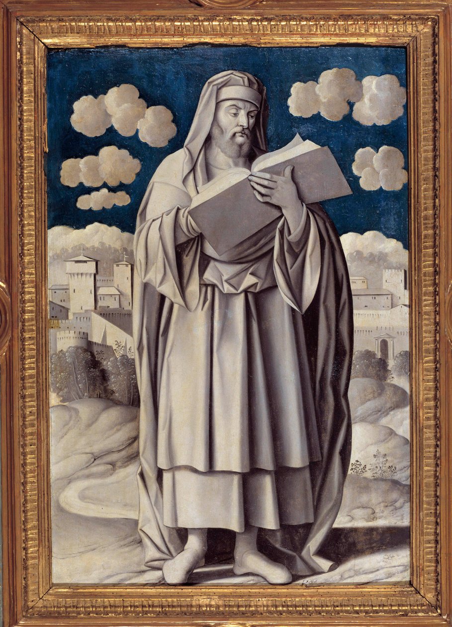 Muotokuva kreikkalaisen filosofin Aristoteleen (384-322 eKr.) jalassa Girolamo Moceton (1458-1531) maalaus 1531 Pariisi. Musee Jacquemart Andre - Kreikkalaisen filosofin Aristoteleen (384-322 eKr.) täyspitkä muotokuva. Girolamo Moceton (1458-1531) maalaus tekijältä Girolamo Mocetto