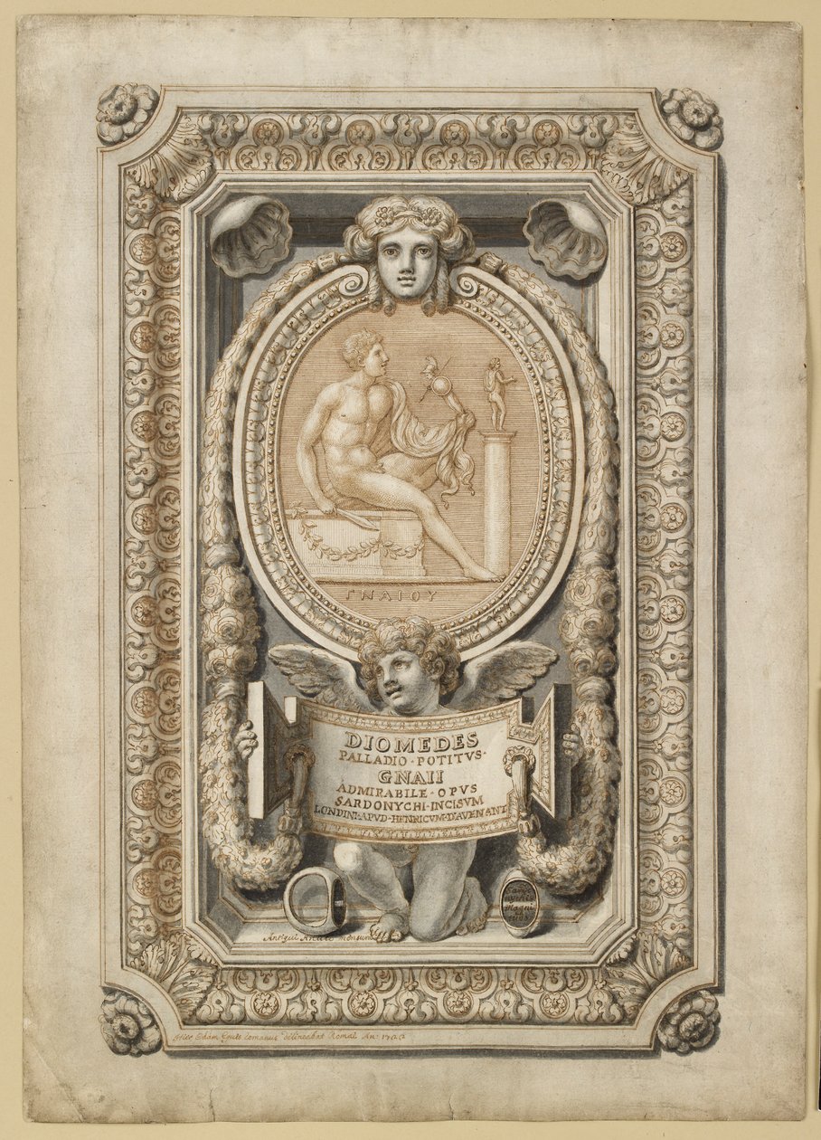 Suunnittelu kaiverretulle jalokiville koristeellisessa ympäristössä, 1722 tekijältä Girolamo Odam