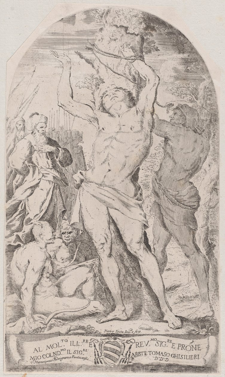 Pyhä Sebastian on sidottu puuhun, 1625-50. tekijältä Girolamo Pedrignani