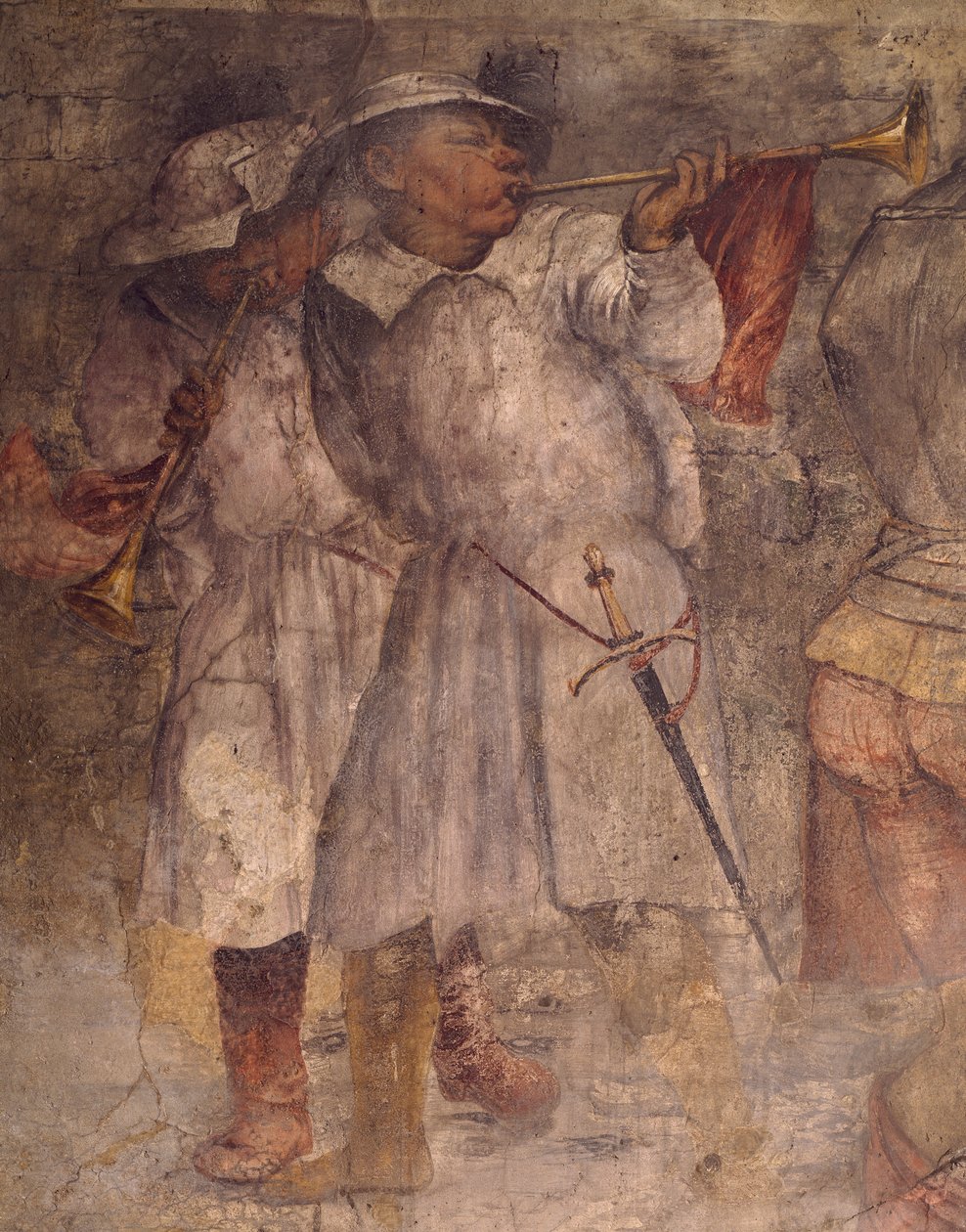 Figuuri mies soittaa trumpettia, yksityiskohta Girolamo Romaninon freskosta (noin 1484-1566), St. Anthony (Saint