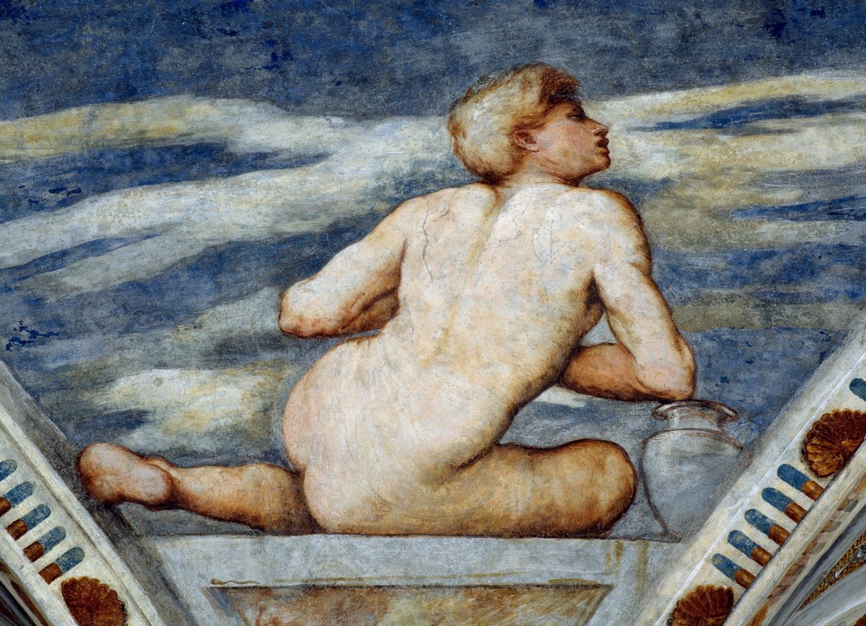 Mies alastonkuva, yksityiskohta Girolamo Romaninon freskoista (n. 1484-1559 jälkeen), Bernardo Clesion tilaaja tekijältä Girolamo Romanino
