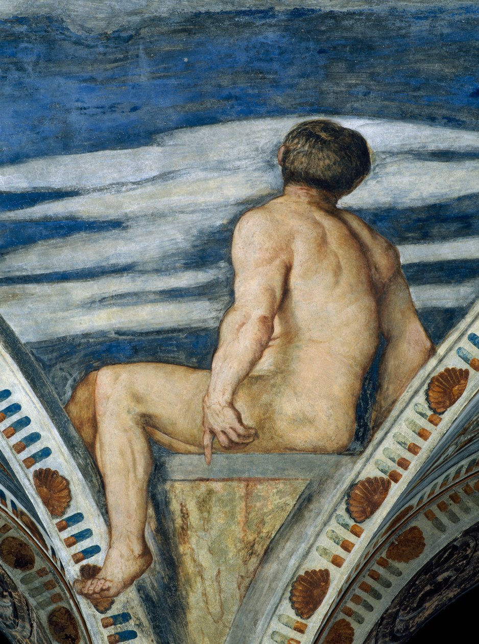 Mies alastonkuva, yksityiskohta Girolamo Romaninon freskoista (n. 1484-1559 jälkeen), Bernardo Clesion tilaaja tekijältä Girolamo Romanino