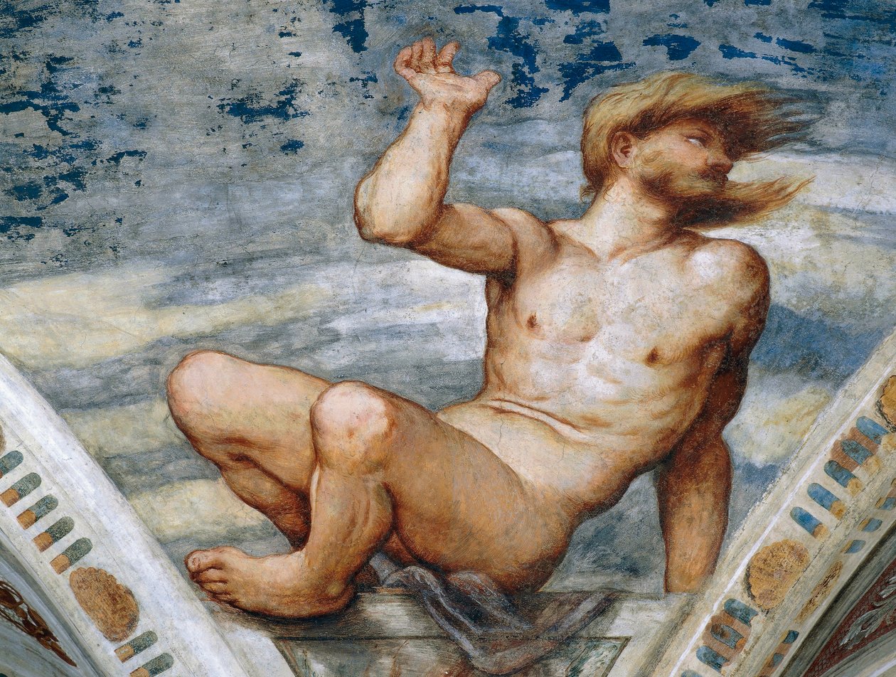 Mies alastonkuva, yksityiskohta Girolamo Romaninon freskoista (n. 1484-1559 jälkeen), Bernardo Clesion tilaaja tekijältä Girolamo Romanino