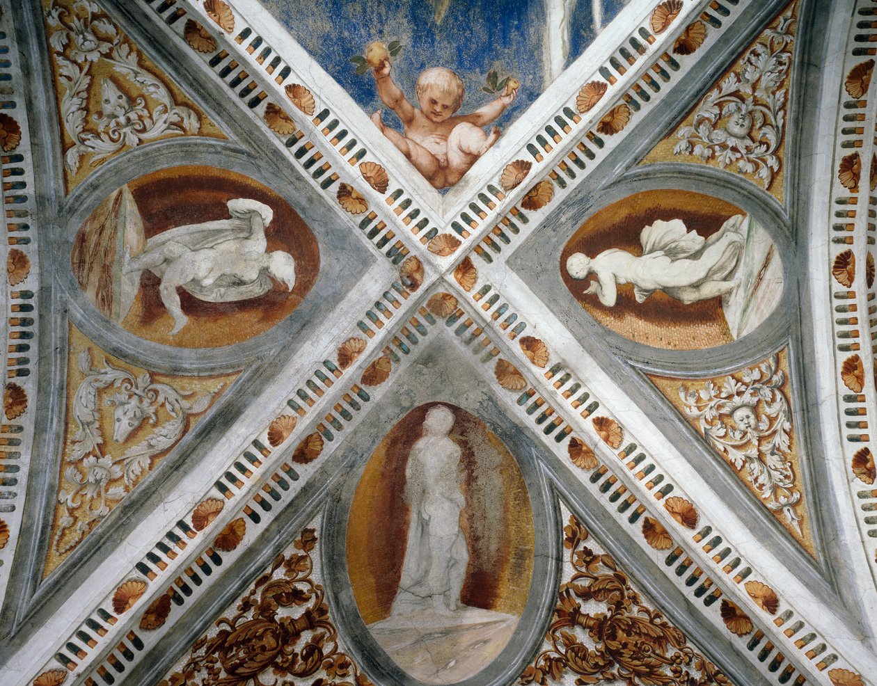 Mosaiikkirakenteet ja patsaat, yksityiskohta Girolamo Romaninon freskoista (n. 1484-1559 jälkeen), Bernardo Clesion tilaus tekijältä Girolamo Romanino