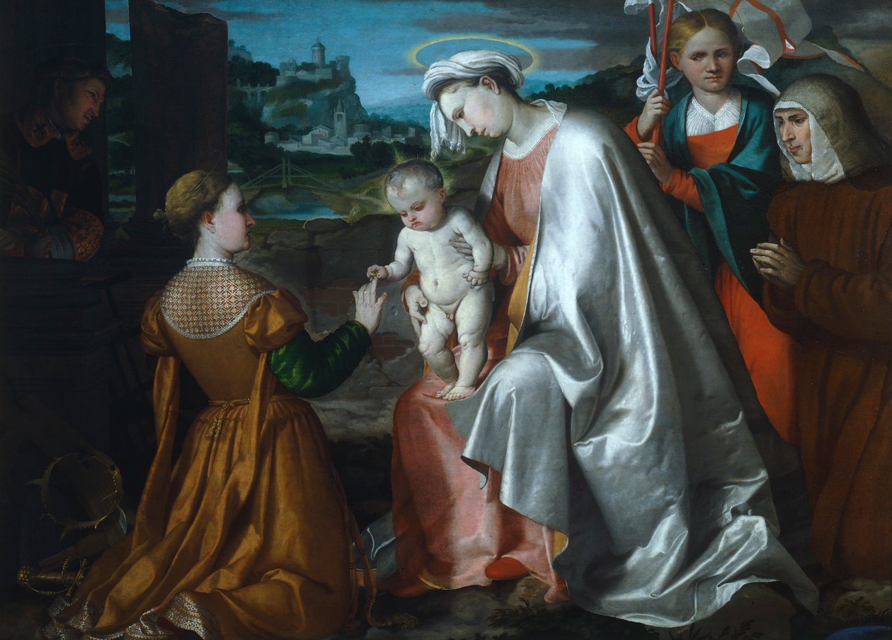 Pyhän Katariinan mystinen häät pyhien Ursulan, Lawrencen ja Angela Mericin läsnä ollessa, Girolamo Romanino (noin 1484-1562 jälkeen) tekijältä Girolamo Romanino