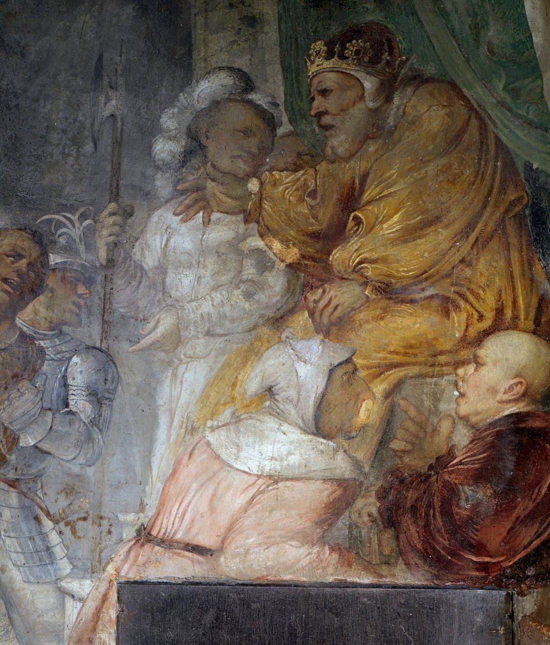 Nebukadnessar, yksityiskohta Danielin kolmen seuralaisen ihmeestä, Girolamo Romaninon fresko (n. 1484-1562 jälkeen), yksityiskohta Pyhän Antoniuksen Abbotin kirkon oikeasta seinästä, Breno. Italia tekijältä Girolamo Romanino
