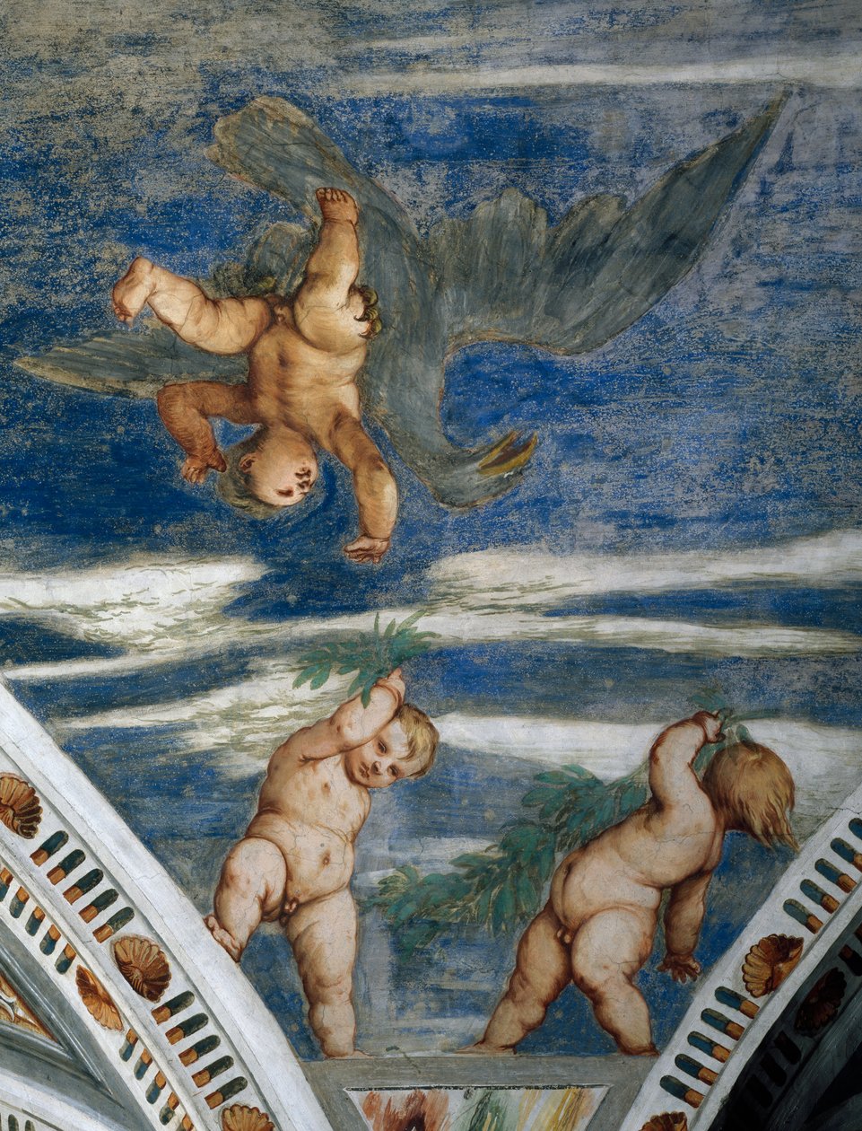 Ganymeden ja putin raiskaus, mosaiikkirakenteet ja patsaat, Girolamo Romaninon (n. 1484-1559 jälkeen) freskojen yksityiskohta, Bernardo Clesion tilaus tekijältä Girolamo Romanino