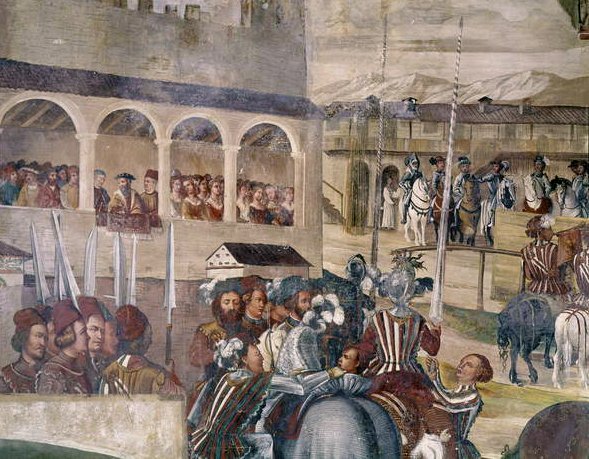 Turnaus tanskalaisen Christian I:n kunniaksi Castello di Malpagassa, yksityiskohta vasemmalta, 1520-30 tekijältä Girolamo Romanino