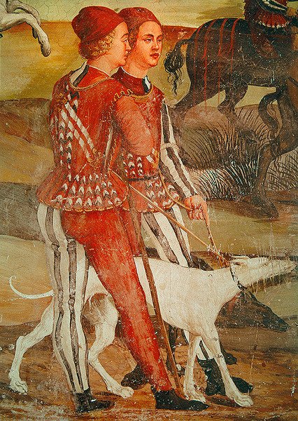 Kaksi sivua ja heidän koiransa, yksityiskohta metsästyskohtauksesta, n. 1520-30 tekijältä Girolamo Romanino