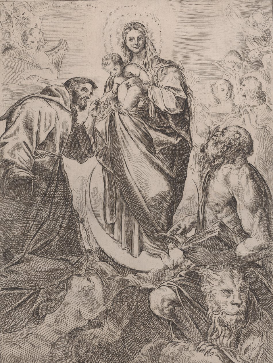 Neitsyt pyhien Hieronymuksen ja Franciscuksen kanssa, 1660-80. tekijältä Girolamo Rossi