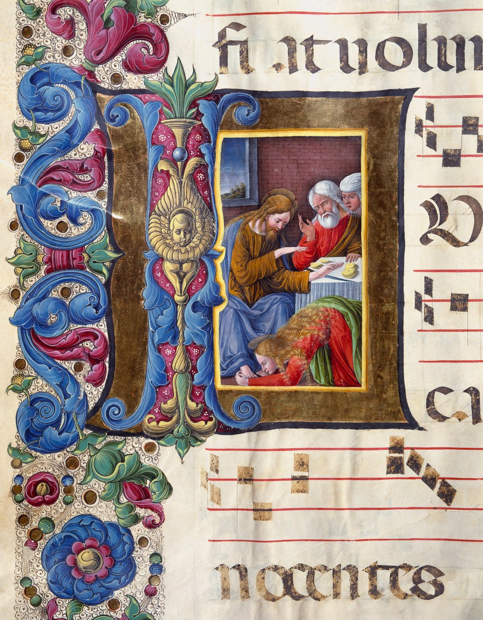 Girolamo da Cremonan (toimii noin 1451-1483) ja Liberale da Veronan (1445-1529) kuorosta (Cod. 22/7. n. 15v) Sienan katedraalista peräisin oleva Decoree-kirjelomake, jossa on kuvattu Maria Magdaleena Jeesuksen jaloissa. . 1400-luvun katedraali (Duomo). tekijältä Girolamo da Cremona