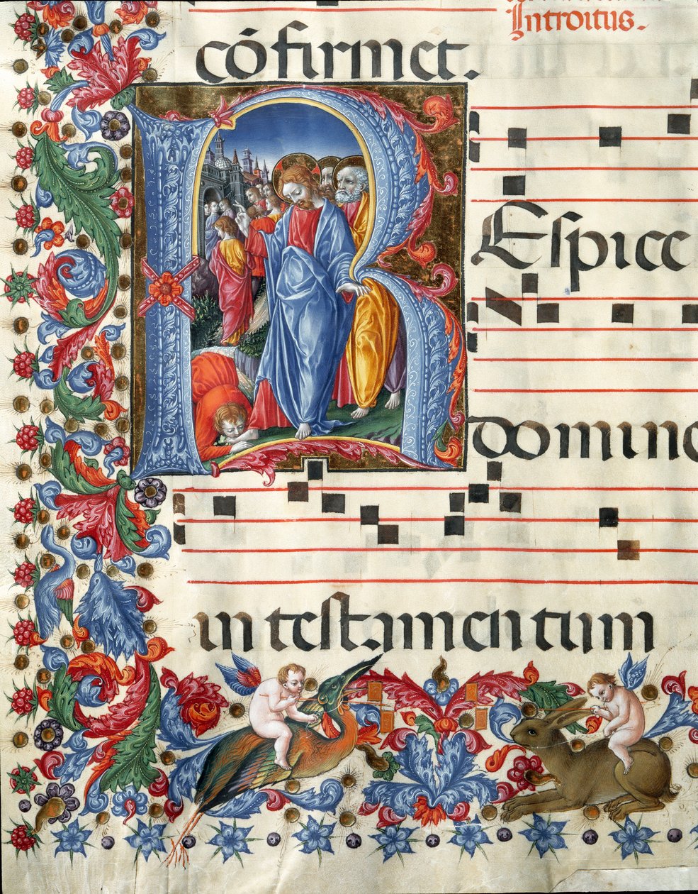 Decoree-letriini, joka kuvaa Kristusta ja spitaalista miniatyyriä Girolamo da Cremonalta (toimii noin 1451-1483) ja Liberale da Verona (1445-1529) kuorosta (Cod. 19/4. c.26.) Sienan katedraalista. 1400-luvun Sienan katedraali (Duomo), Italia tekijältä Girolamo da Cremona