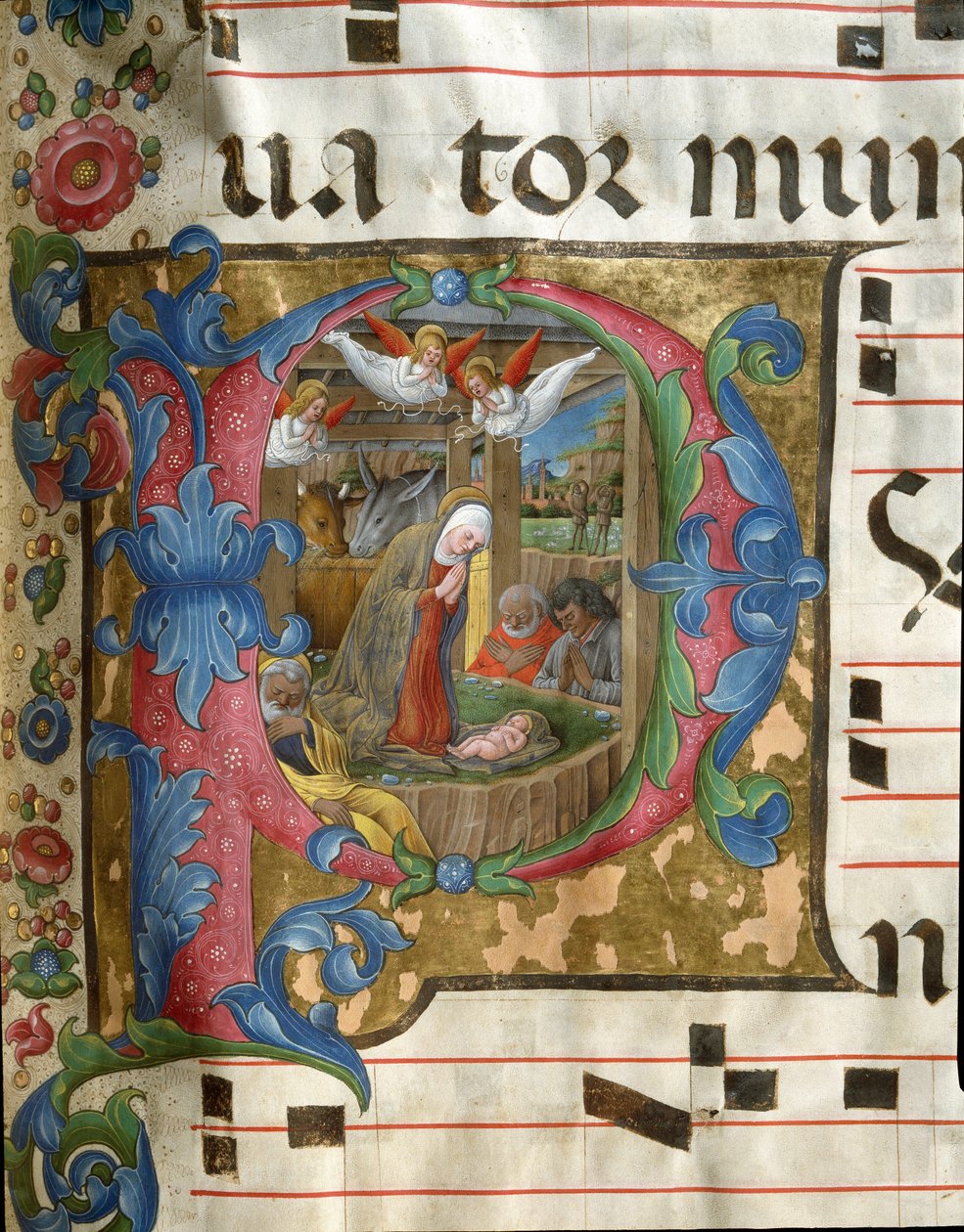 Lettrine P decoree, joka esittää Girolamo da Cremonan (toiminut noin 1451-1483) miniatyyri Nativitea Sienan katedraalista peräisin olevasta kuorosta (Cod. 18/3). Sienan katedraali (Duomo) 1400-luvulla, Italia. tekijältä Girolamo da Cremona