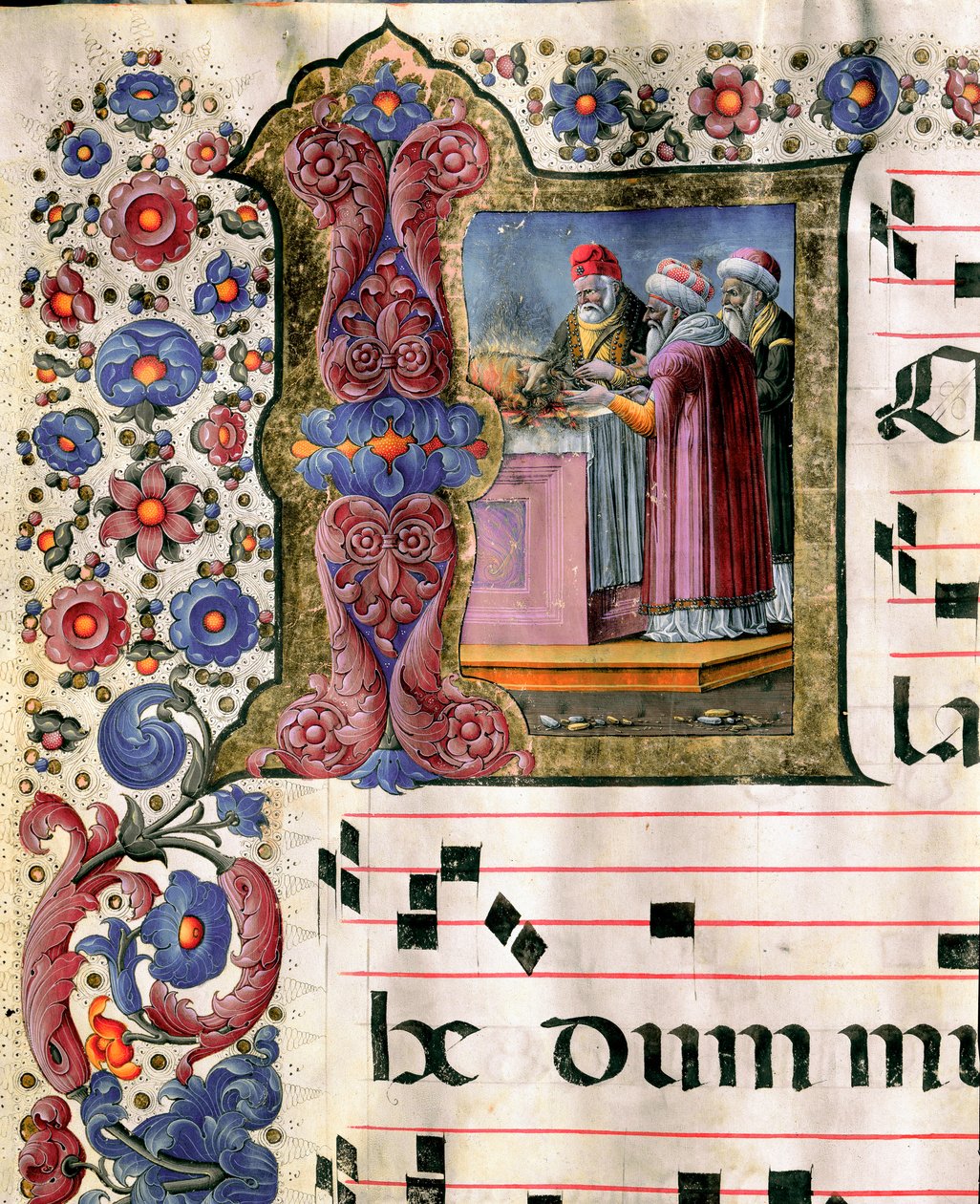 Girolamo da Cremonan (toiminut noin 1451-1483) pienoisuhrikohtaus kuorosta (Cod. 10/L. n. 114v.) Sienan katedraalista. 1400-luvun Sienan katedraali (Duomo), Italia tekijältä Girolamo da Cremona