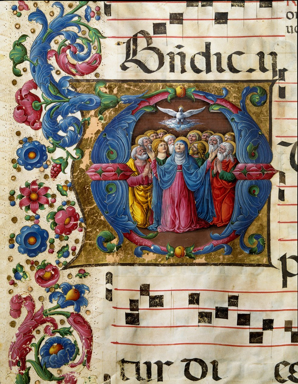 Pyhän Hengen kyyhkynen (Pyhä Henki) ilmestyy Neitsyt Marialle ja apotereille. Girolamo da Cremonan (toimii noin 1451-1483) miniatyyri kuorosta (Cod. 10/L. n. 32v) Sienan katedraalista. 1400-luvun Sienan katedraali (Duomo), Italia tekijältä Girolamo da Cremona