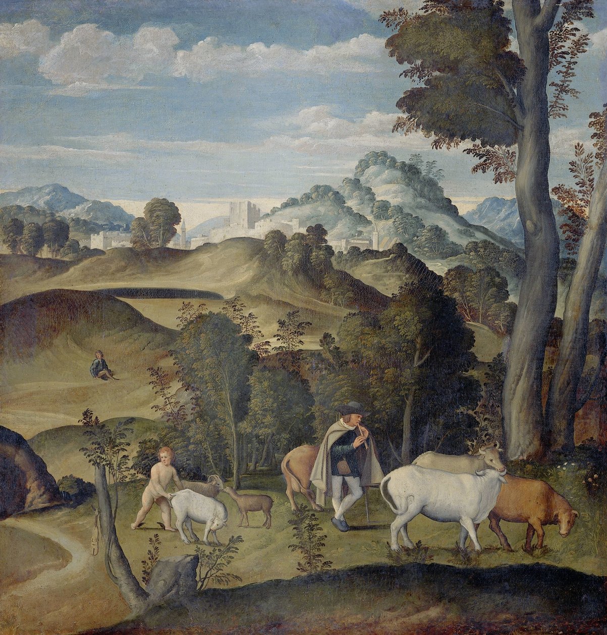 Nuori Mercury varastaa karjaa Apollon laumasta tekijältä Girolamo da Santacroce (ca.1480 1556) (attributed to)