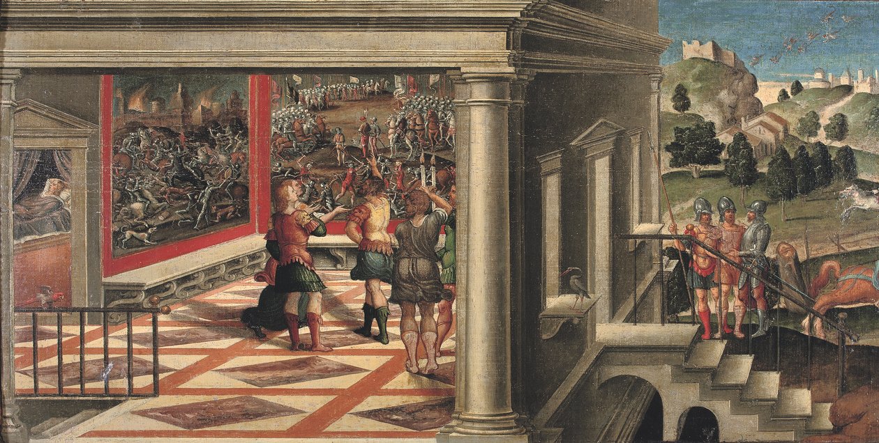 Kohtauksia Orlando Furiososta (yksityiskohta) (öljy kankaalle asetettu paneeliin) tekijältä Girolamo da Santacroce